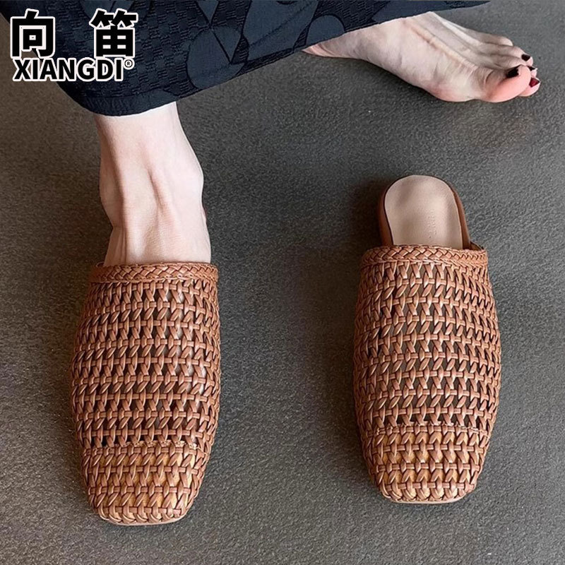 Sheepskin Version Woven Toe-Cap Half Slippers for Women That Can Be Worn Outside in Summer 2025 New Style Cut Out Hole Shoes Flats Sandals