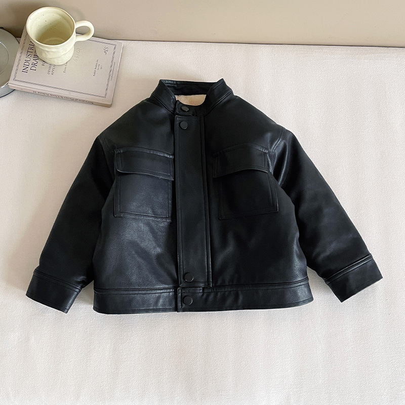 El valle del viento 2025 invierno nuevo niño guapo cuello de pie y chaqueta de cuero de terciopelo grueso chaqueta de locomotora caliente para niños image 7