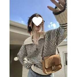 高级感超好看领毛衣女秋冬宽松显瘦气质领条纹显瘦针织衫