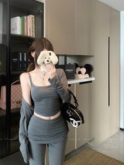 纯欲韩系时尚套装女早秋新款灰色针织吊带长袖开衫喇叭长裤三件套