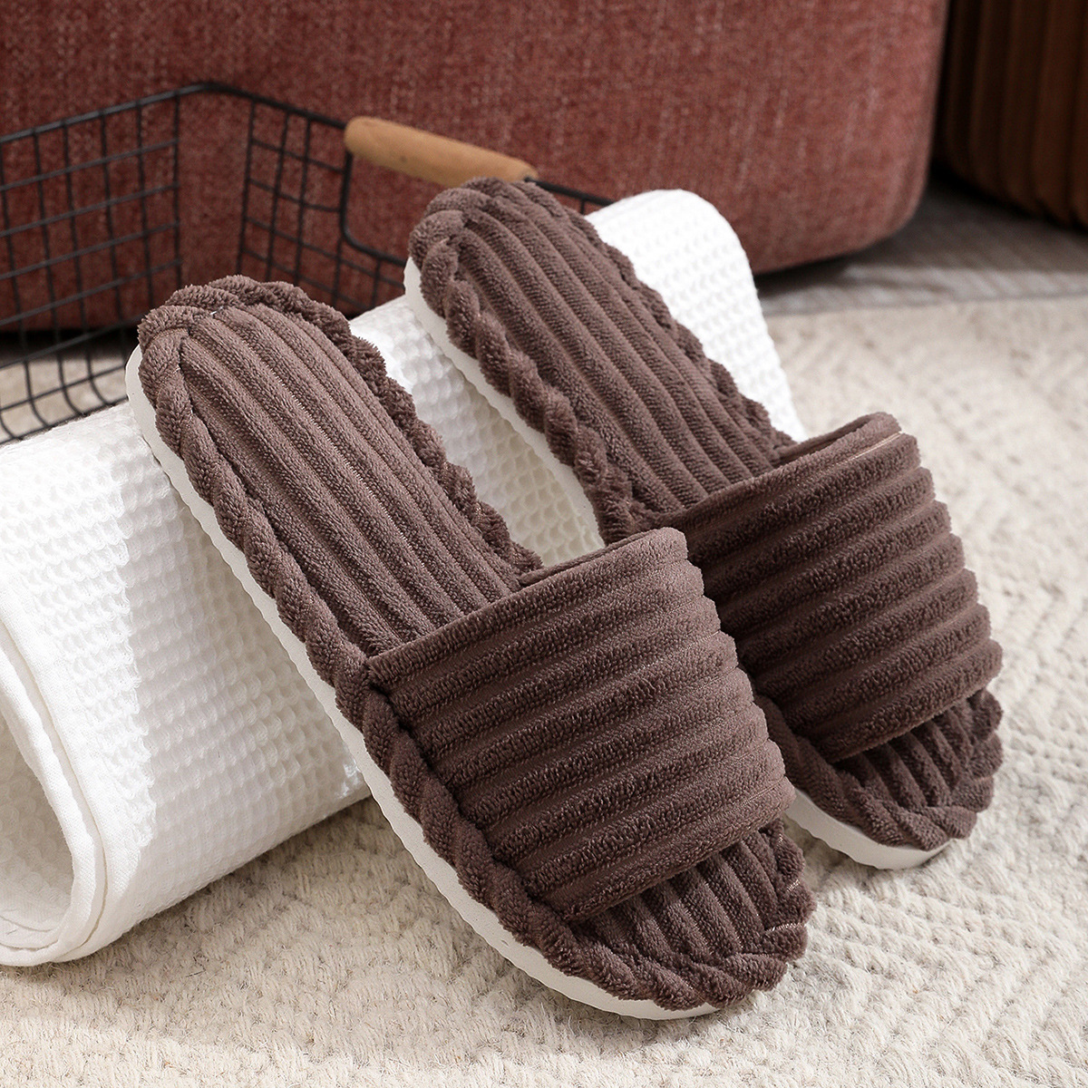 Apertura transfronteriza damas otoño y invierno interior y exterior calentamiento de tela de peluche zapatillas de algodón zapatillas de espuma femenina