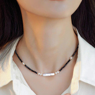 One Word Freshwater Pearl Black Spinel Trendy Cool Girls Ins Niche Design Necklace Neck Chain Crystal Bracelet