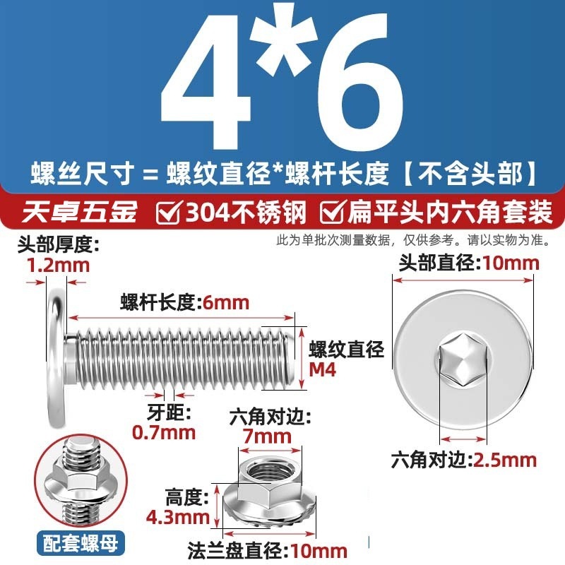 304不锈钢CM大平头超薄头C头扁平头内六角螺丝钉法兰边螺母套装M5|undefined