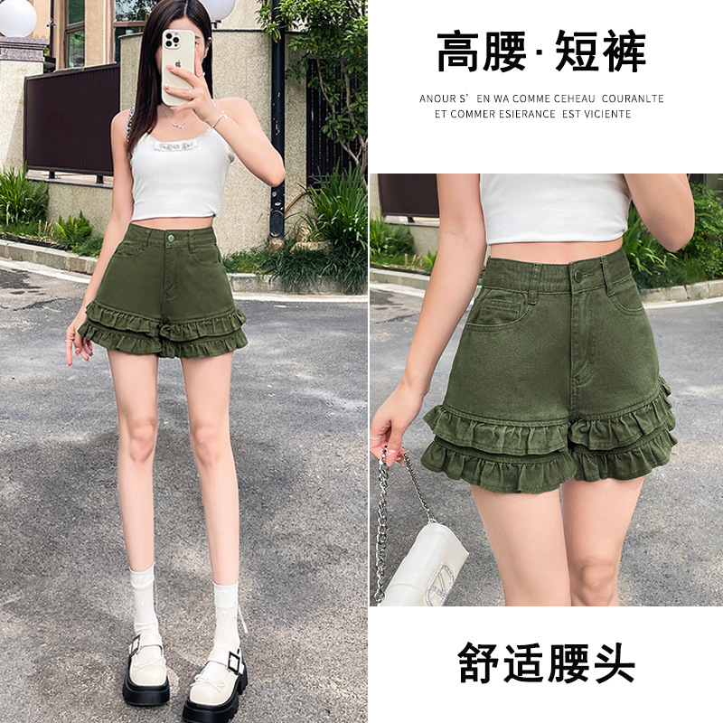 墨绿色夏季新款辣妹热裤牛仔裤女荷叶边木耳装饰高腰显瘦休闲短裤