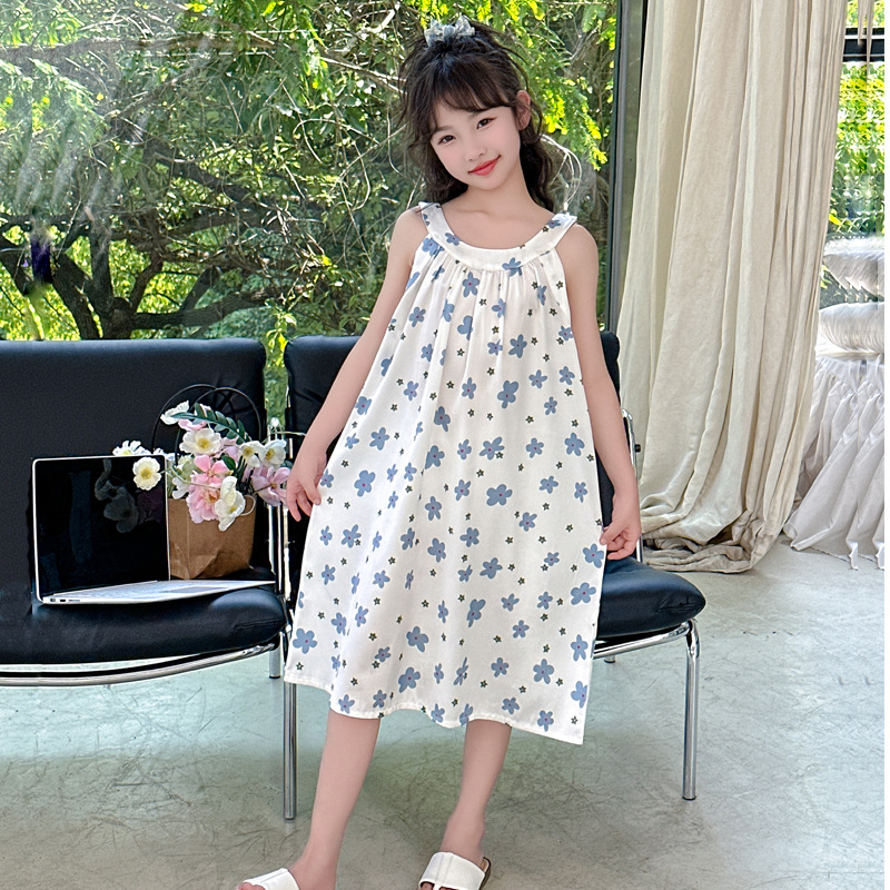 A-type ice silk flower spaghetti strap nightgown, 2024 summer new girl children sweet parent-child home clothes thin pajamas