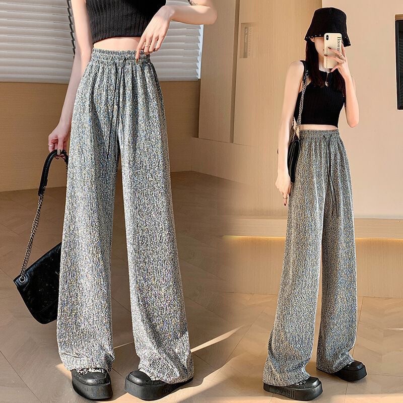 Shiny Rhinestone Embellished High-Waisted Summer Pants for Women, Slimming Wide-Leg Pants with a Thin Textured Straight Cut, Casual Women's Pants