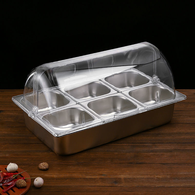 Platos de acero inoxidable de doble capa colocados en cabinas de exhibición de verduras frías con hielo, pastel de aislamiento frío, mesa de comedor a prueba de polvo y humedad