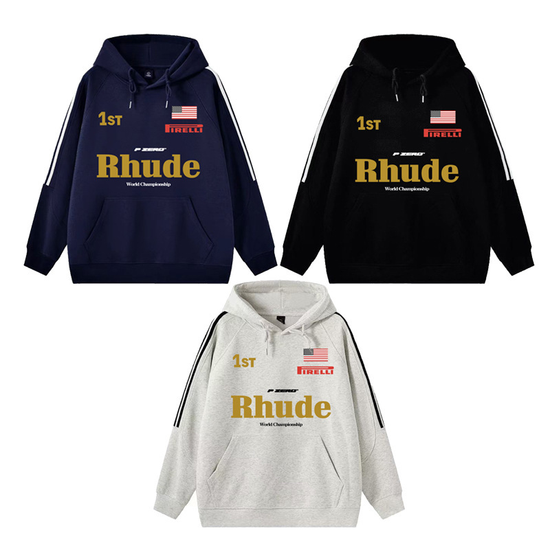 American Retro Rhude Eagle Flame Print Hoodie Vintage Distressed Loose Versatile Hooded Sweatshirt