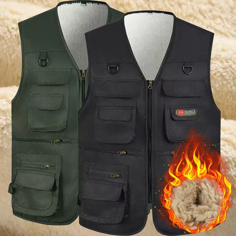 男士北极绒加棉加绒多口袋马甲秋冬季休闲坎肩钓鱼摄影户外马夹志