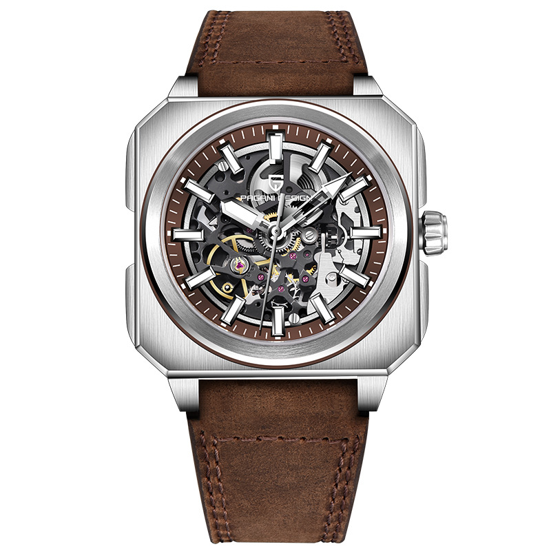 PAGANI DESIGN Bergani Fashion Movimiento mecánico hueco Cuadrado Acero inoxidable Reloj para hombre PD-1791