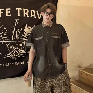 高级感美式复古水洗牛仔短袖男款vintage夏季豹纹拼接半袖衬衣潮.