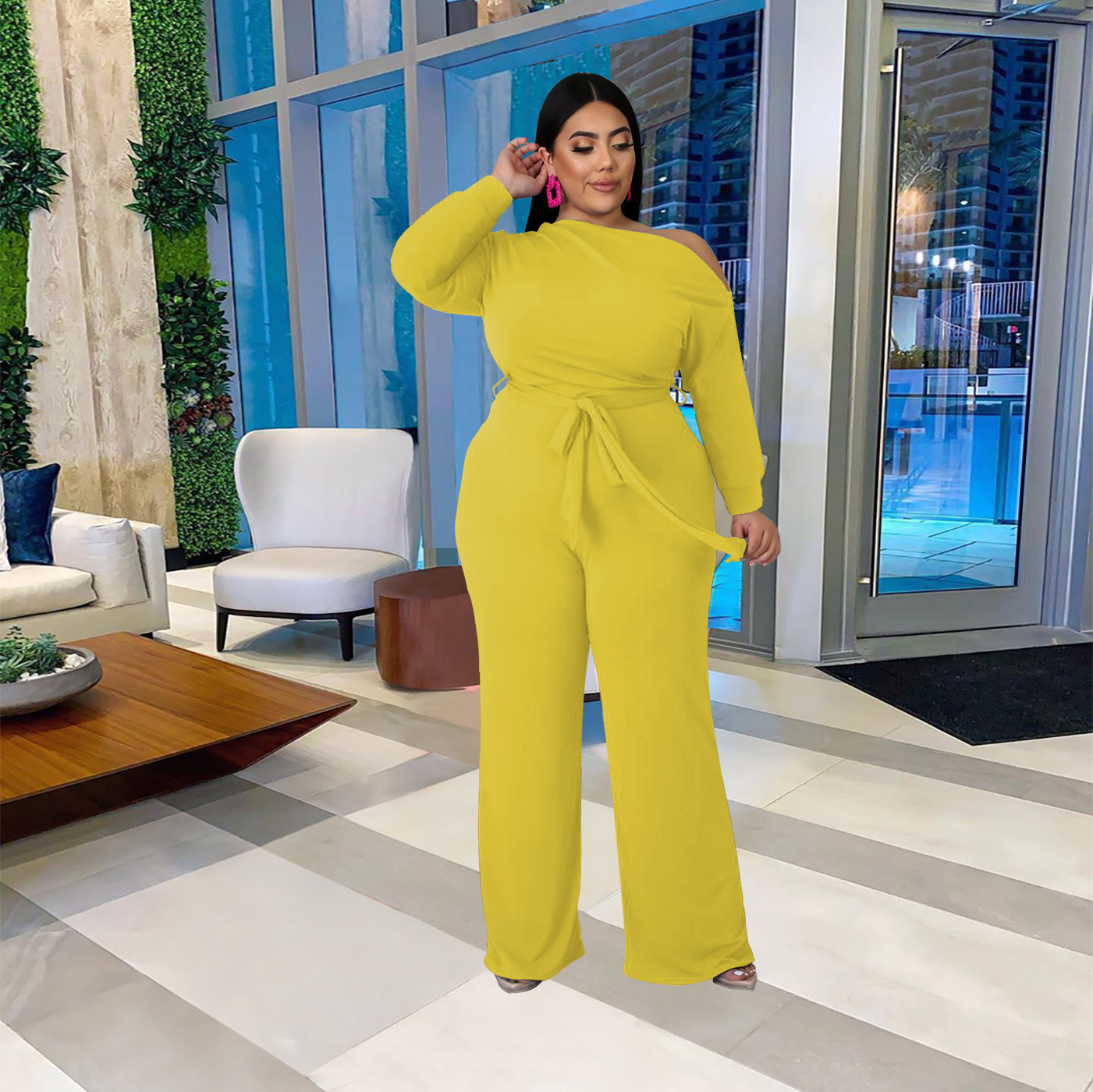 women s plus size solid color strappy shoulder T-shirt flared pants suit nihaostyles clothing wholesale NSBMF80099