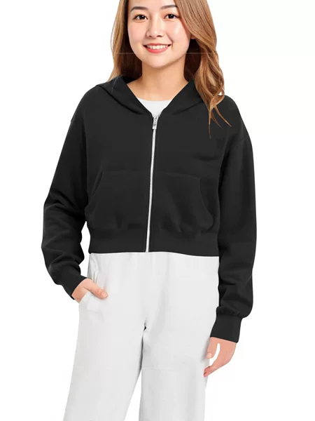 Girls' Autumn and Winter Solid Color Short Hooded Sweatshirt
