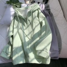 休闲绣花连帽卫衣新款女秋季加绒半拉链慵懒风绿色长袖上衣潮