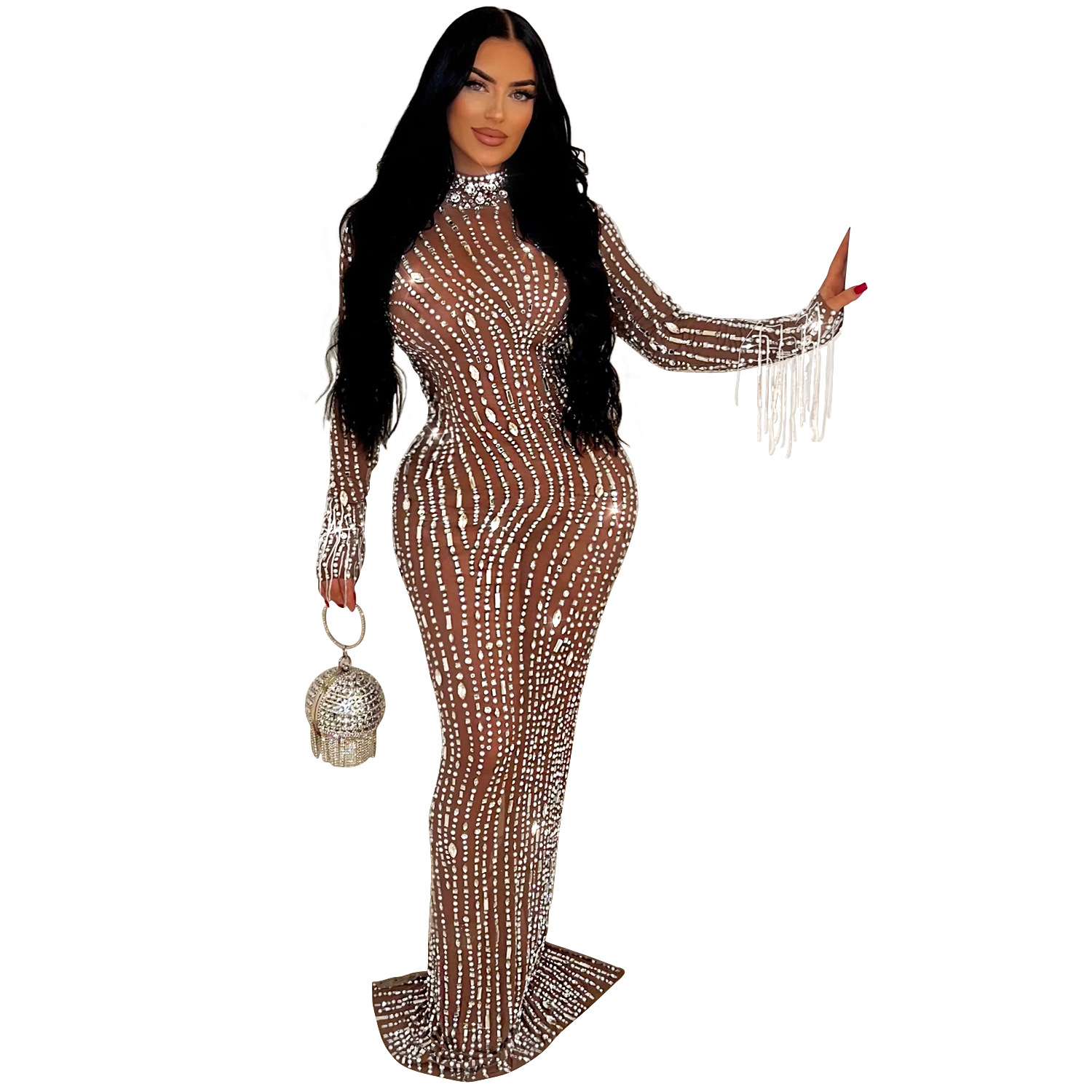 C6919 Aliexpress transfronterizo Amazon estación independiente de moda europea y americana ropa de mujer de color sólido malla de diamante vestido largo image 8