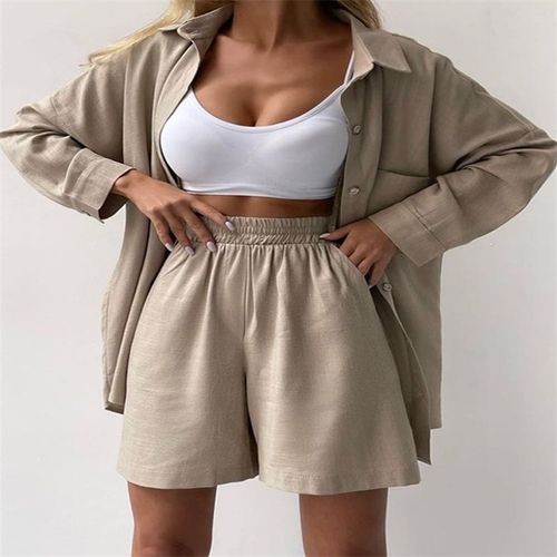 Summer and autumn European and American cotton and linen new style solid color single-breasted long-sleeved shirt loose fashionable casual shorts set