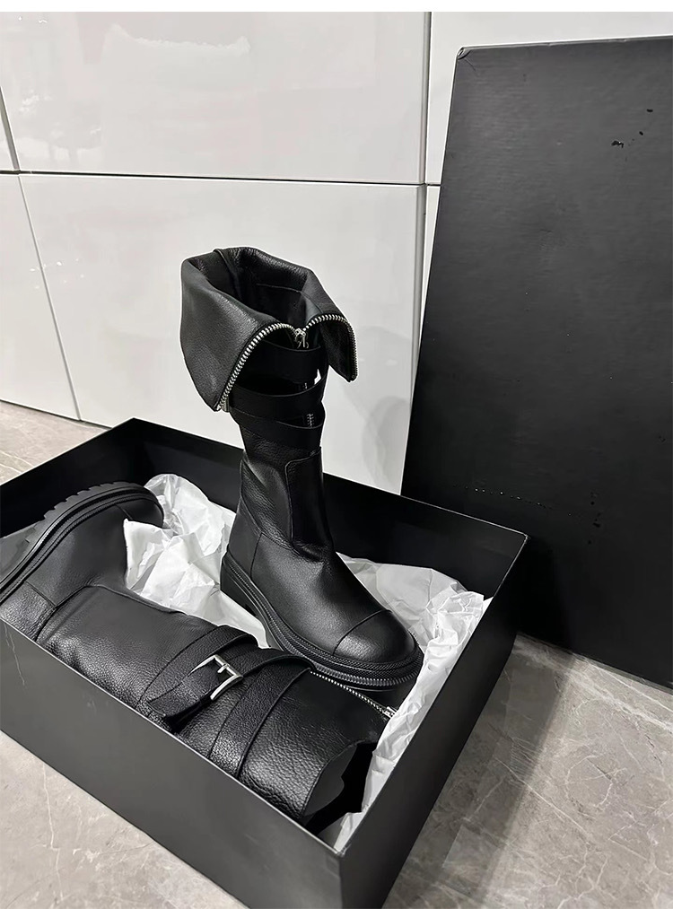 Women's Martin Boots, Made Of Genuine Leather, Knee-high Design, With Belt Buckles, Thick Soles, Suitable For Motorcycle Riding, High-top Style._voghion.com