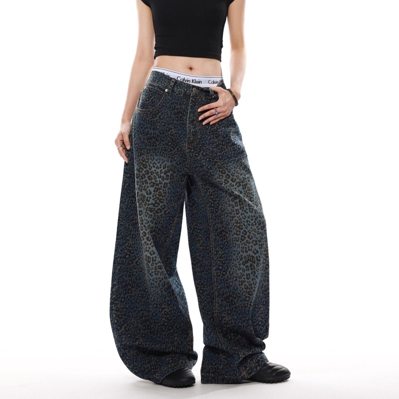 Vintage Leopard Print Scimitar Jeans for Women High Street Vibe Trendy Washed Distressed Loose Wide-Leg Pants