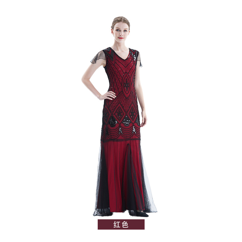 1920s Comercio exterior nuevo bordado hecho a mano con cuentas lentejuelas Amazon vestido europeo y americano banquete vestido pequeño lote