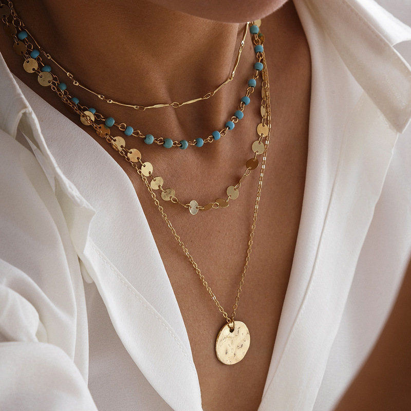 European and American Cross-Border Jewelry Bohemian Flower Plate Imitation Turquoise Necklace Simple Geometric Sequin Neck Chain Necklace