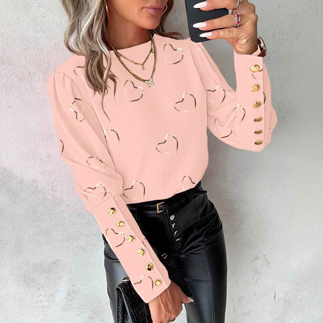 2023 estación Independiente deseo Amazon popular otoño y el invierno de la moda impresa manga larga cuello redondo botón camisa para las mujeres image 3