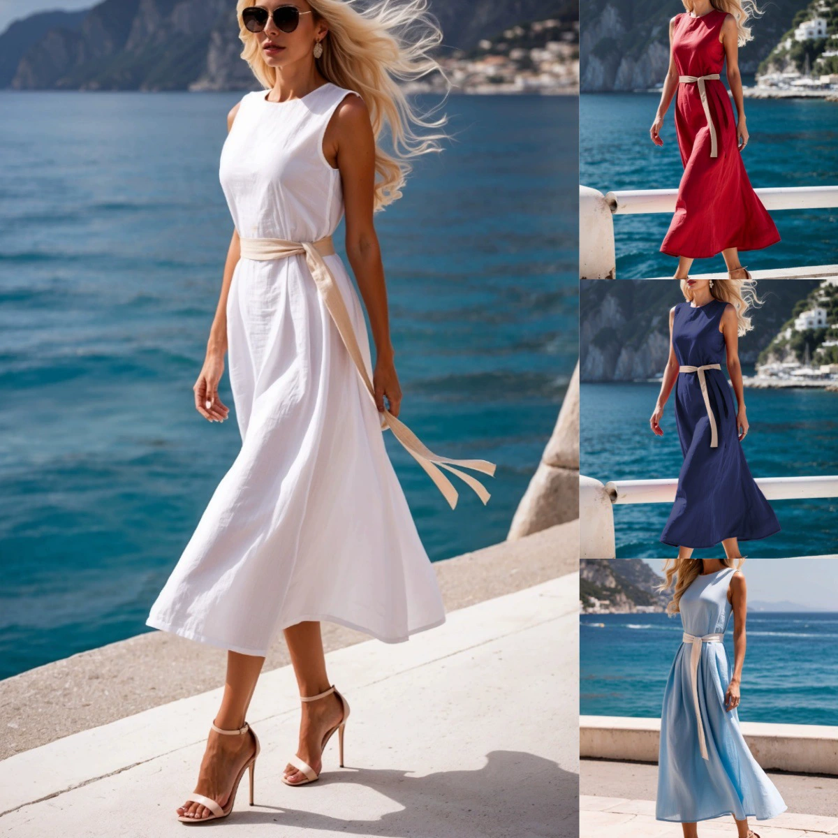 2025 Amazon Независимая станция Европейская и Американская трансграничная новая летняя мода сплошной цвет талии платье средней длины женский