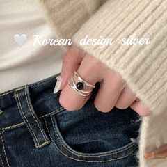 韓國東大門小眾設計銀飾品 S925純銀三層黑瑪瑙開口戒指 高級感