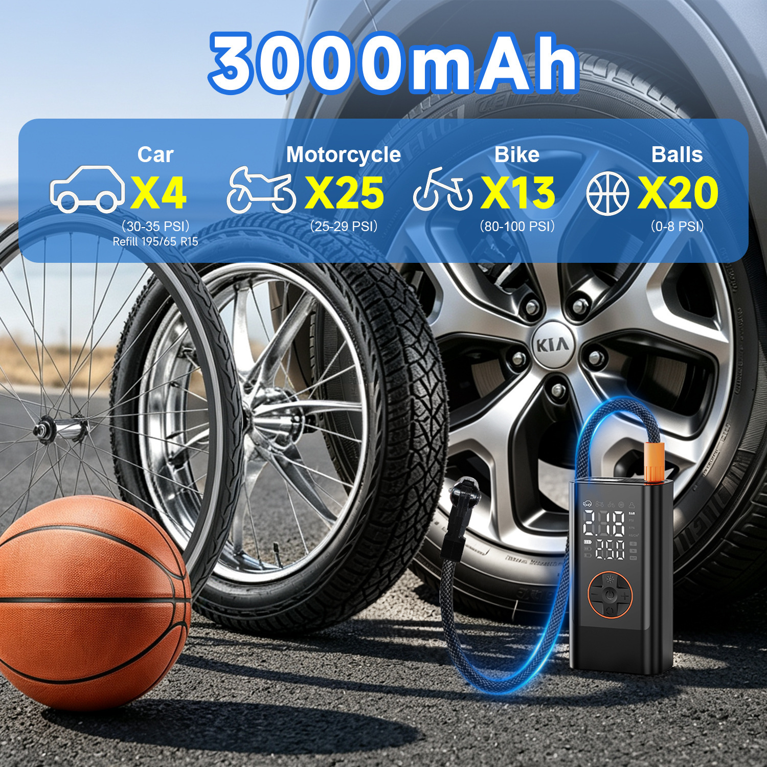 Portable Wireless Car Air Pump, Car-mounted Inflator, Electric Car Tire Inflator with Storage Compartment and Lighting