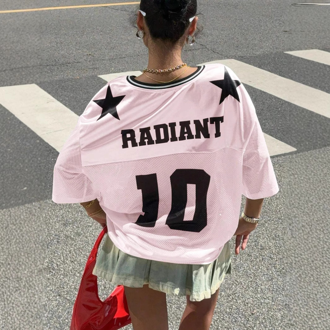 Spring and Summer 2025 New American Style Pullover V-Neck Casual Top Cross-border Alphanumeric Printed Loose Short-sleeved T-shirt