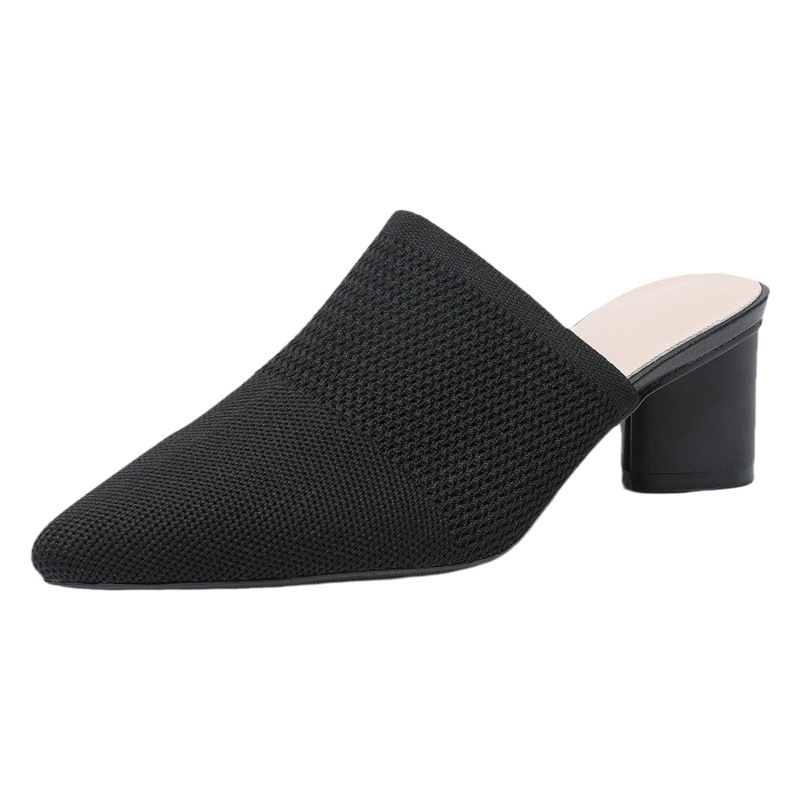 669 foreign trade cross-border closed toe back empty sandals 5cm pointed toe deep mouth fabric half slippers casual high heels women's chunky heels