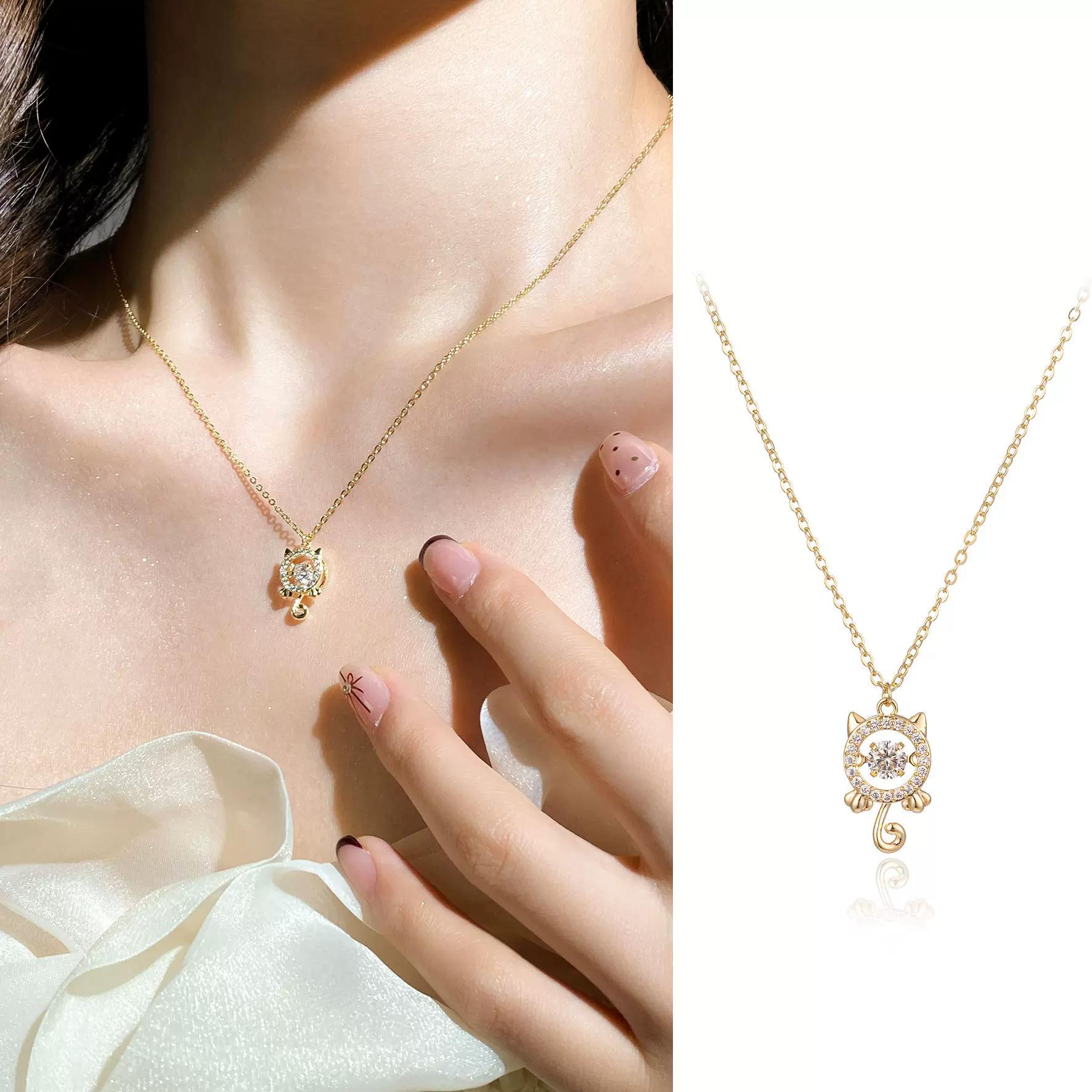 新款灵动猫咪项链时尚百搭镶钻可爱甜美猫猫吊坠生日礼物厂家直销
