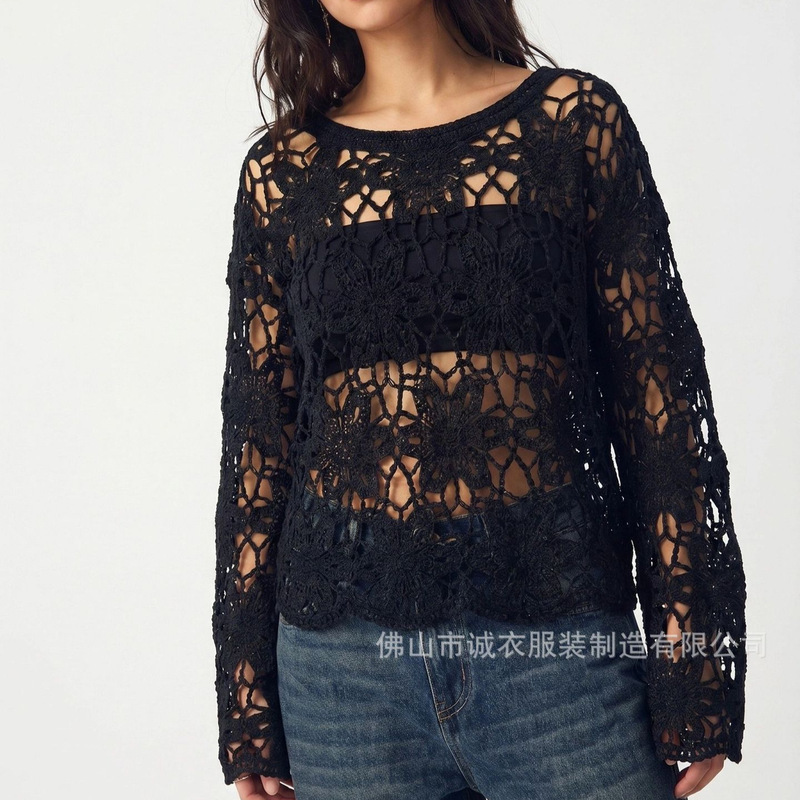 Black hollow-out crochet long-sleeve top for women, summer bohemian-style knitted cover-up, casual round-neck outerwear