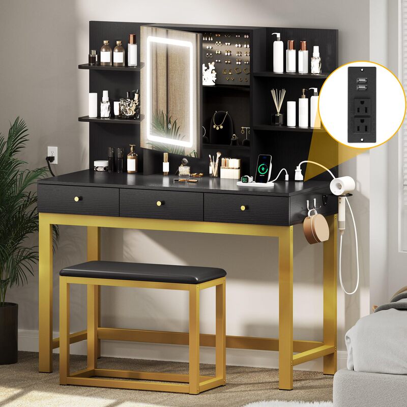 Makeup Table Set Mirror Lights Charging Station and Makeup Stool 3 Drawers Dressing Table 3 Hidden Storage Shelves for Bedroom Makeup Table Set Mirror Lights Charging Station and Makeup Stool 3 Drawers Dressing Table 3 Hidden Storage Shelves for Bedroom