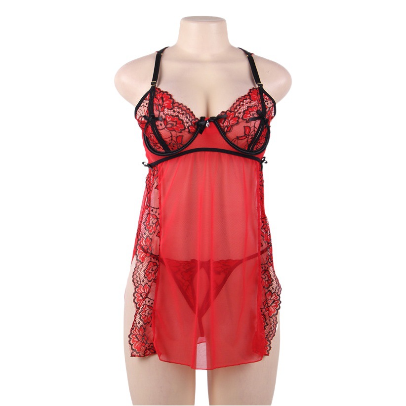 Comercio Exterior de Europa y América más tamaño sexy Lencería sexy hueco ver a través de encaje tentación Correa Halter camisón R80746