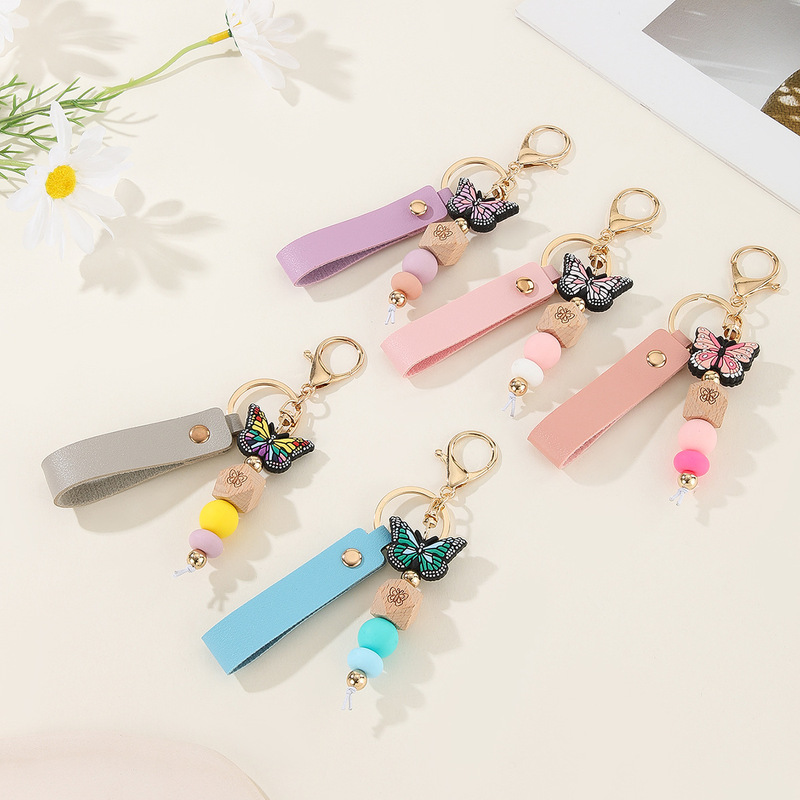 Cross-Border European and American Personalized Color-Printed Birth Flower Name Pu Leather Pendant Wholesale Unisex Leather Keychain Accessory