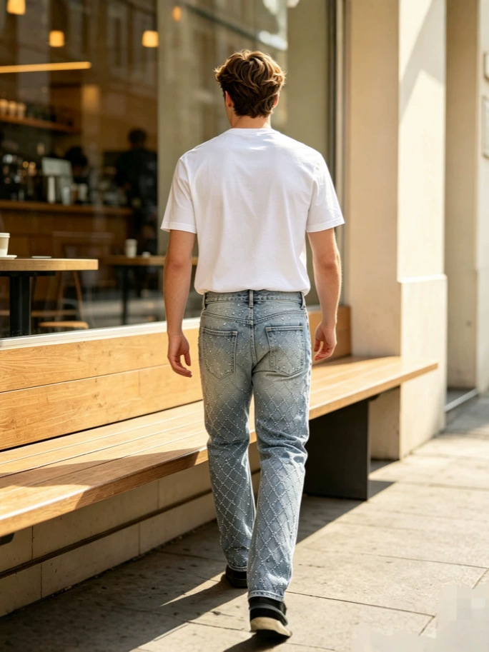 Jeans Rectos con Diamantes para Hombre de Mezclilla de Algodón, Sin Elasticidad, para Uso Diario