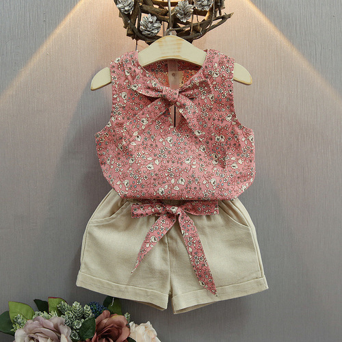 5973 foreign trade summer new product Korean style children's suit girls floral sleeveless vest and shorts two-piece children's clothing set