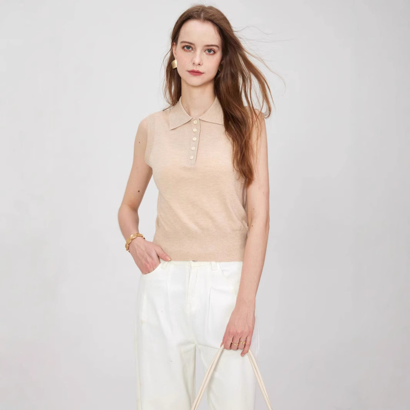 European High-End Customized European Fashion Merino Wool Pure Color Polo Collar Sleeveless Knitted Casual Top for Women European High-End Customized European Fashion Merino Wool Pure Color Polo Collar Sleeveless Knitted Casual Top for Women