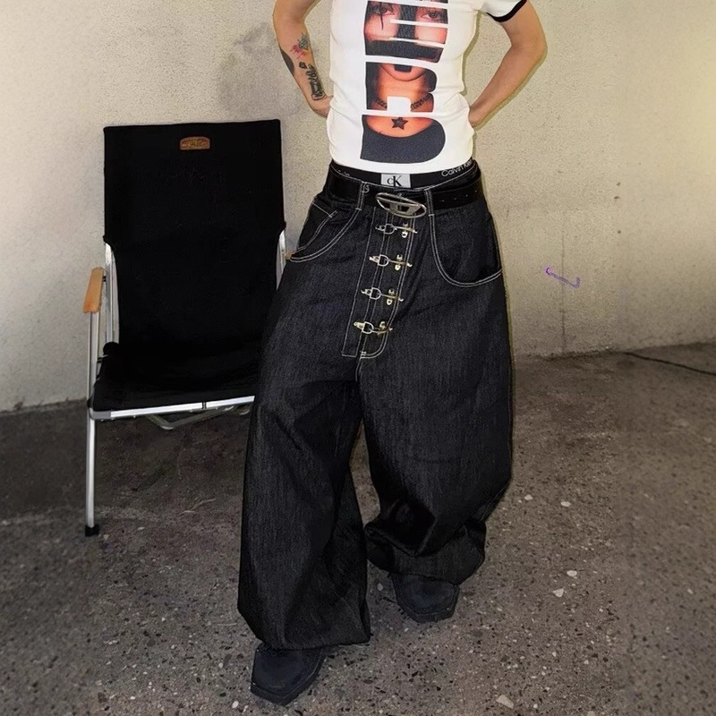 High Street Retro Airplane Buckle Frayed Edge Scimitar Jeans Unisex Niche Plus Size Loose High-Waisted Straight Pants Trade