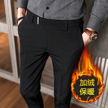 2021冬季男士加绒保暖西裤韩版条纹印花青年英伦休闲加厚西装长裤