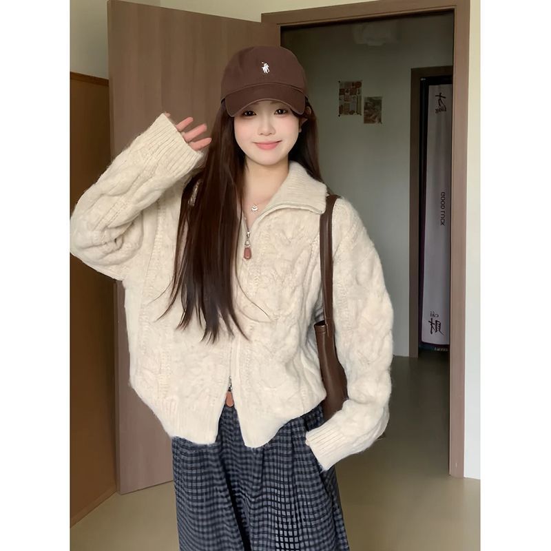 韩系学院风软糯麻花毛衣开衫女立领双拉链卫衣叠穿外搭针织衫外套