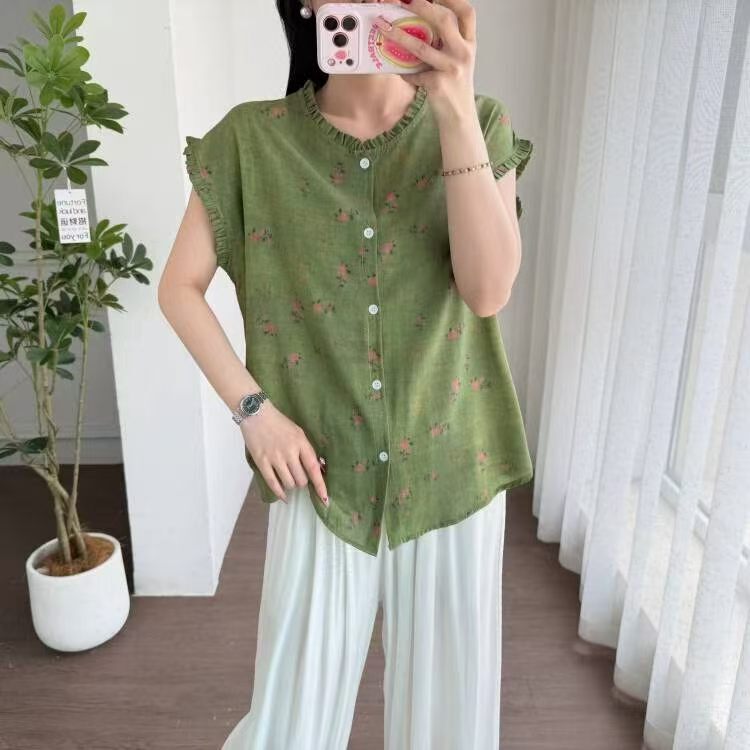 Cotton Silk Short-Sleeved Printed T-Shirt, Loose Lace Collar, Mother's Wear, Women's Top, Summer Thin Pajamas, Artificial Cotton Home Wear Cotton Silk Short-Sleeved Printed T-Shirt, Loose Lace Collar, Mother's Wear, Women's Top, Summer Thin Pajamas, Artificial Cotton Home Wear