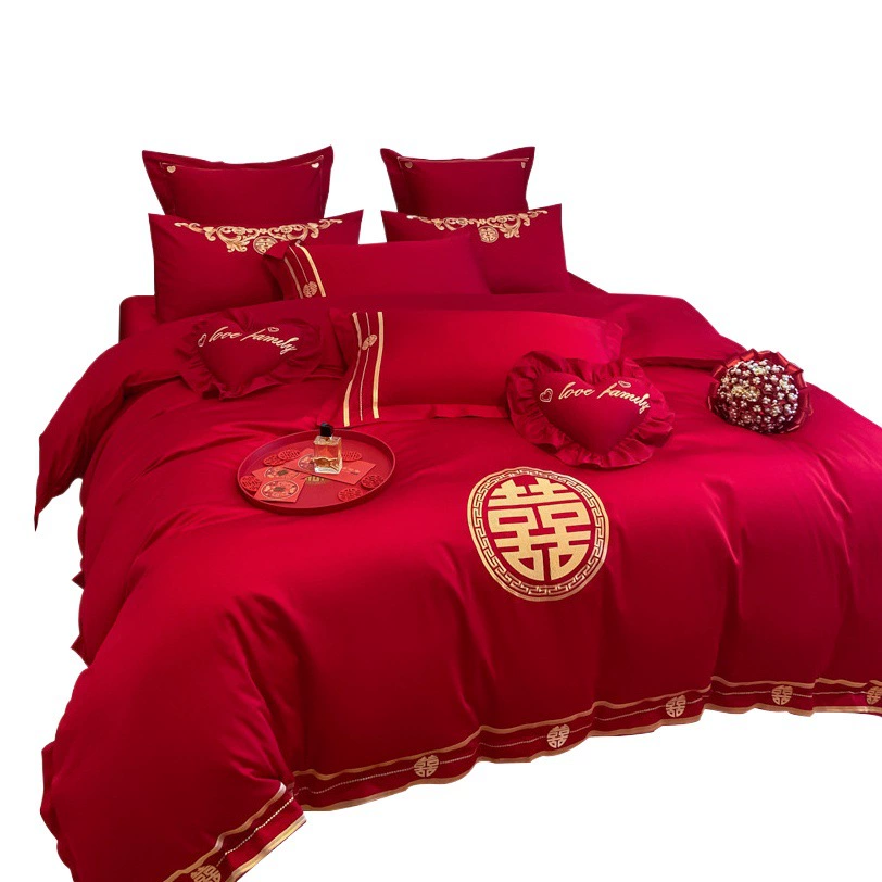 Комплект постельного белья из 40 предметов из чистого хлопка, свадебный комплект из четырех предметов, красное свадебное приданье, комплект с вышивкой в стиле легкой роскоши