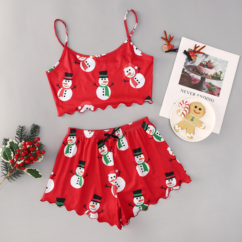 クリスマスの欧米風の新しい薄いパジャマの女性の袖なしの半ズボンの牛乳の糸のシンプルなカジュアルな2つのセットの部屋の服|undefined