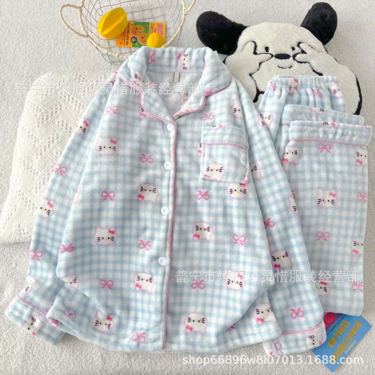 Franela otoño y invierno nueva linda niña caliente y gruesa dulce kitty gato suelto conjunto de pijamas se puede usar fuera