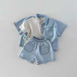 ins韩版婴幼儿男女宝宝短袖牛仔口袋衬衫短裤套装夏季时尚洋气套