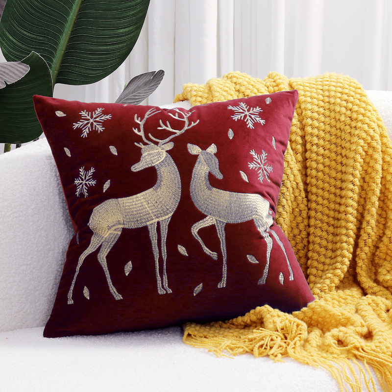 ヘラジカのクリスマスツリーブロンズ枕カバー、秋冬スノーフレーク刺繍クッションカバー45*45、クロスボーダーホットセール|undefined