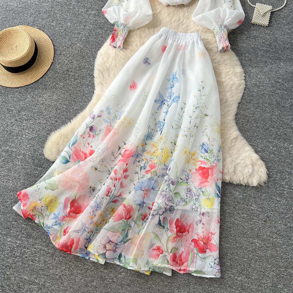 French Romantic Style Women's Two Piece Set Floral Print Blouse And High Waisted Skirt Autumn Elegance And Sophistication_ecoleips.com