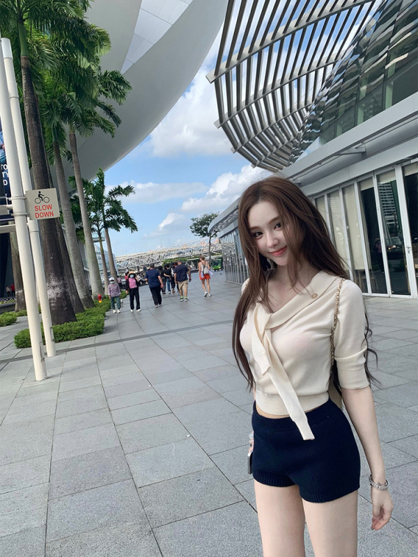 DoggyQin 半熟/100％羊毛假两件针织衫女修身显瘦慵懒感半袖上衣|undefined