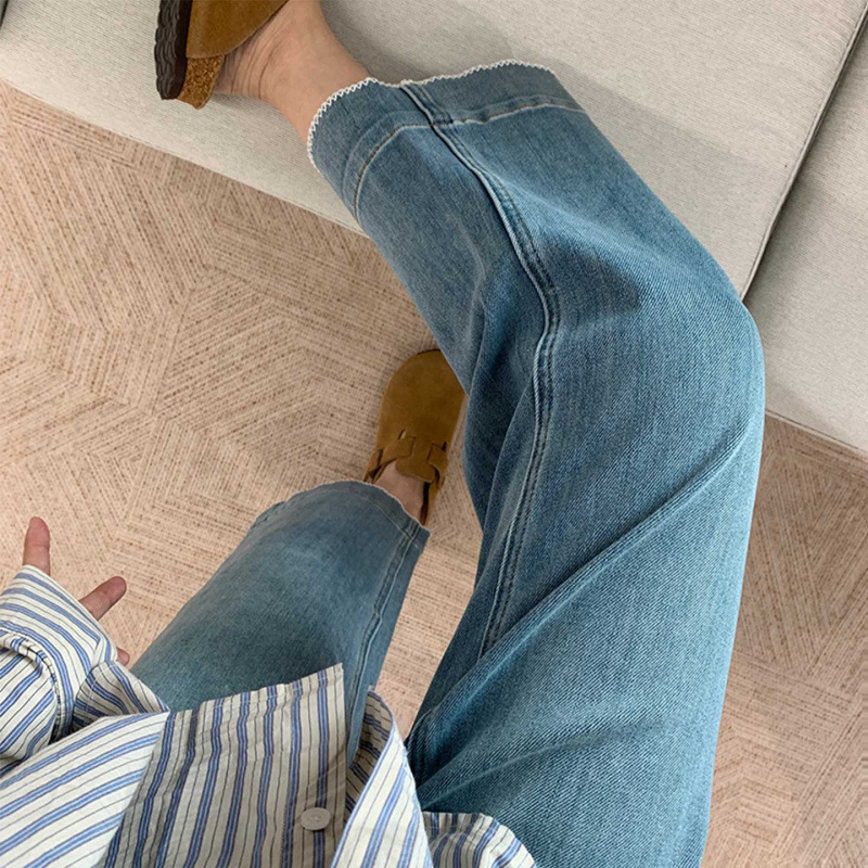 Jeans azules para mujeres de otoño nuevo tamaño grande pantalones elásticos de nueve puntos de moda pantalones rectos sueltos pequeños para cubrir la carne
